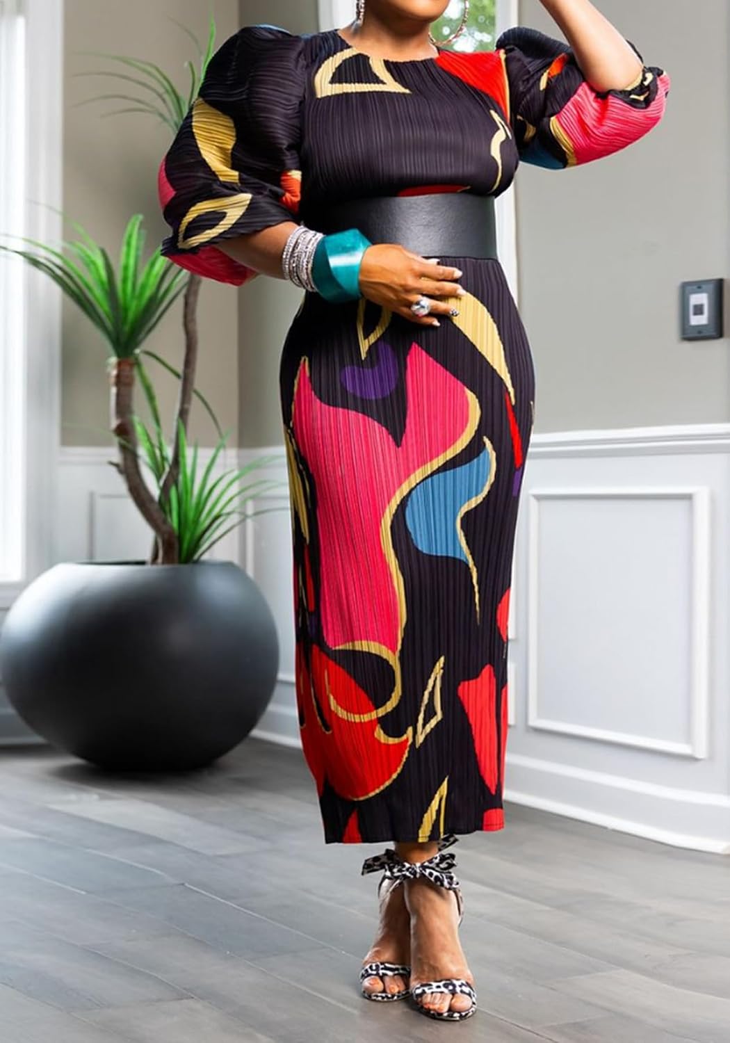 Women Colorful African Dress Floral Party Pleated Maxi Dress