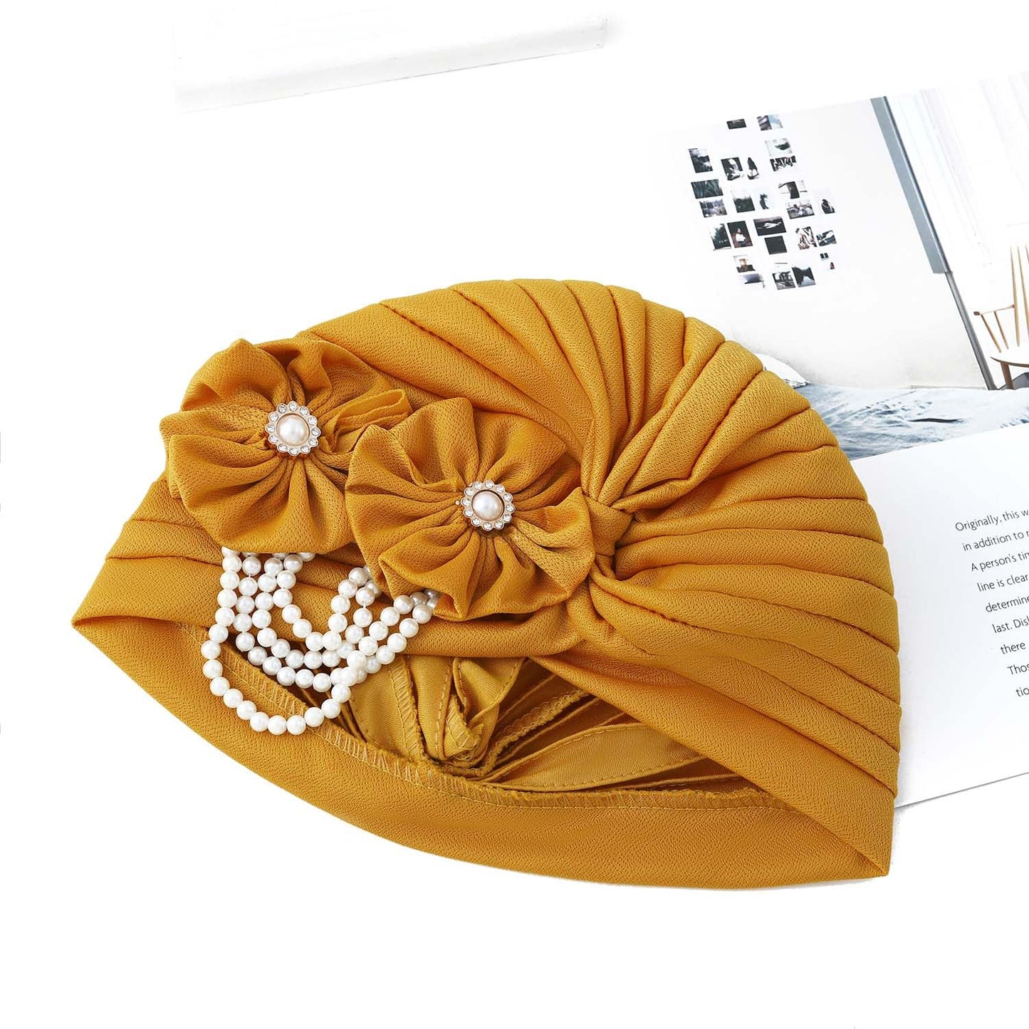 Woeoe Pearl Flower African Hats Pre-Tied Turbans Stretchy Twisted Church Wedding Head Wraps for Women