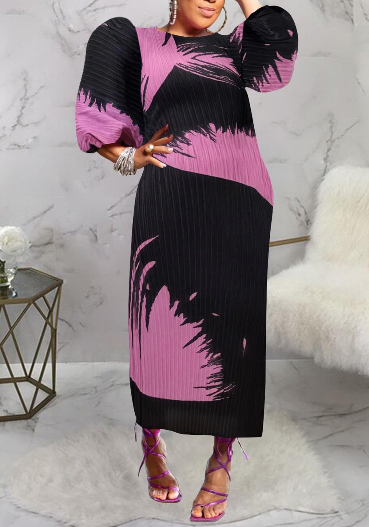 Women Colorful African Dress Floral Party Pleated Maxi Dress
