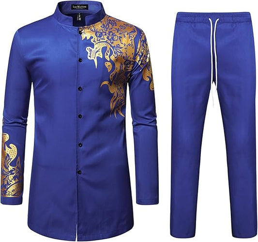 LucMatton Men's 2 Piece Outfits Long Sleeve Button Down African Dashiki Shirts and Pants Set Traditional Ethnic Suits