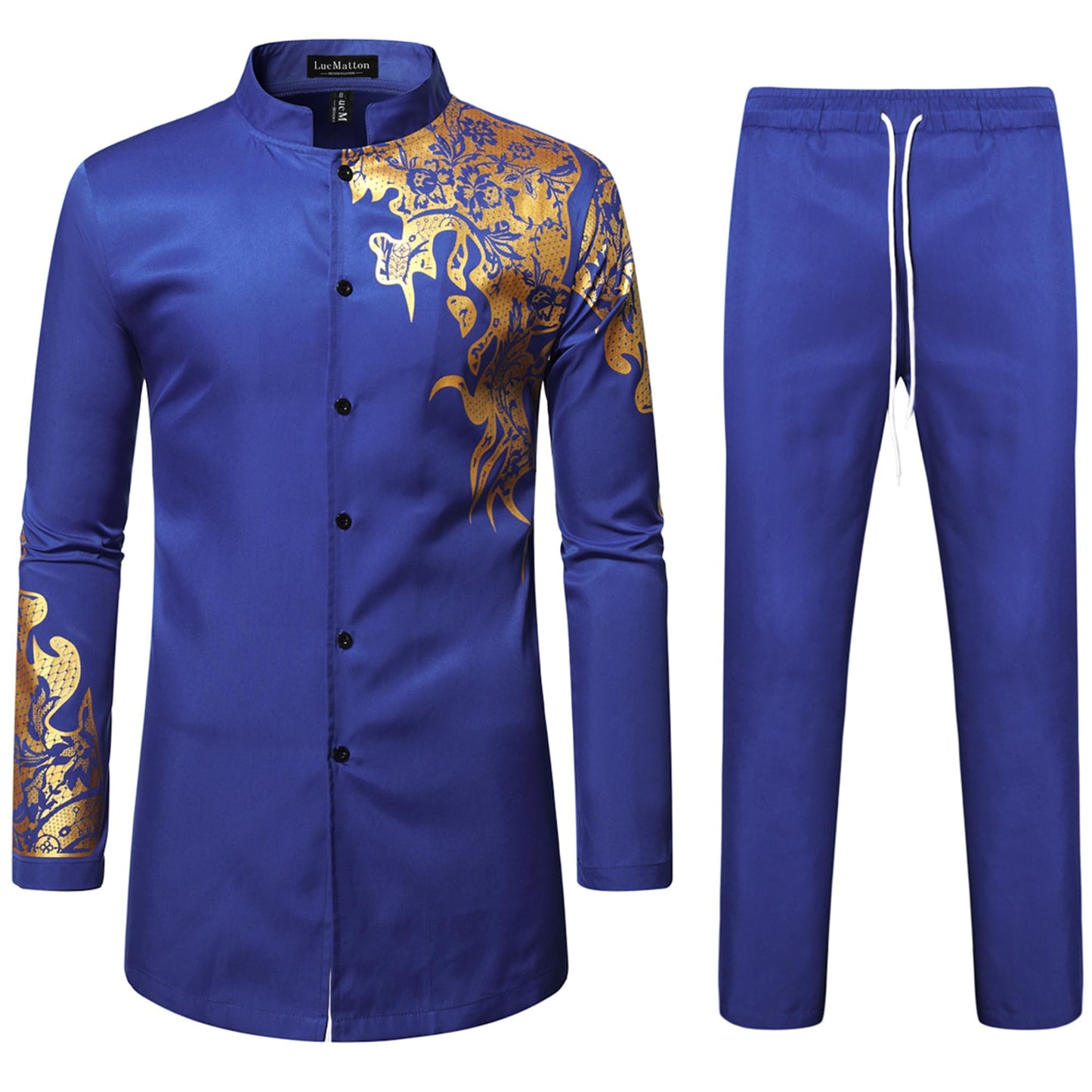LucMatton Men's 2 Piece Outfits Long Sleeve Button Down African Dashiki Shirts and Pants Set Traditional Ethnic Suits