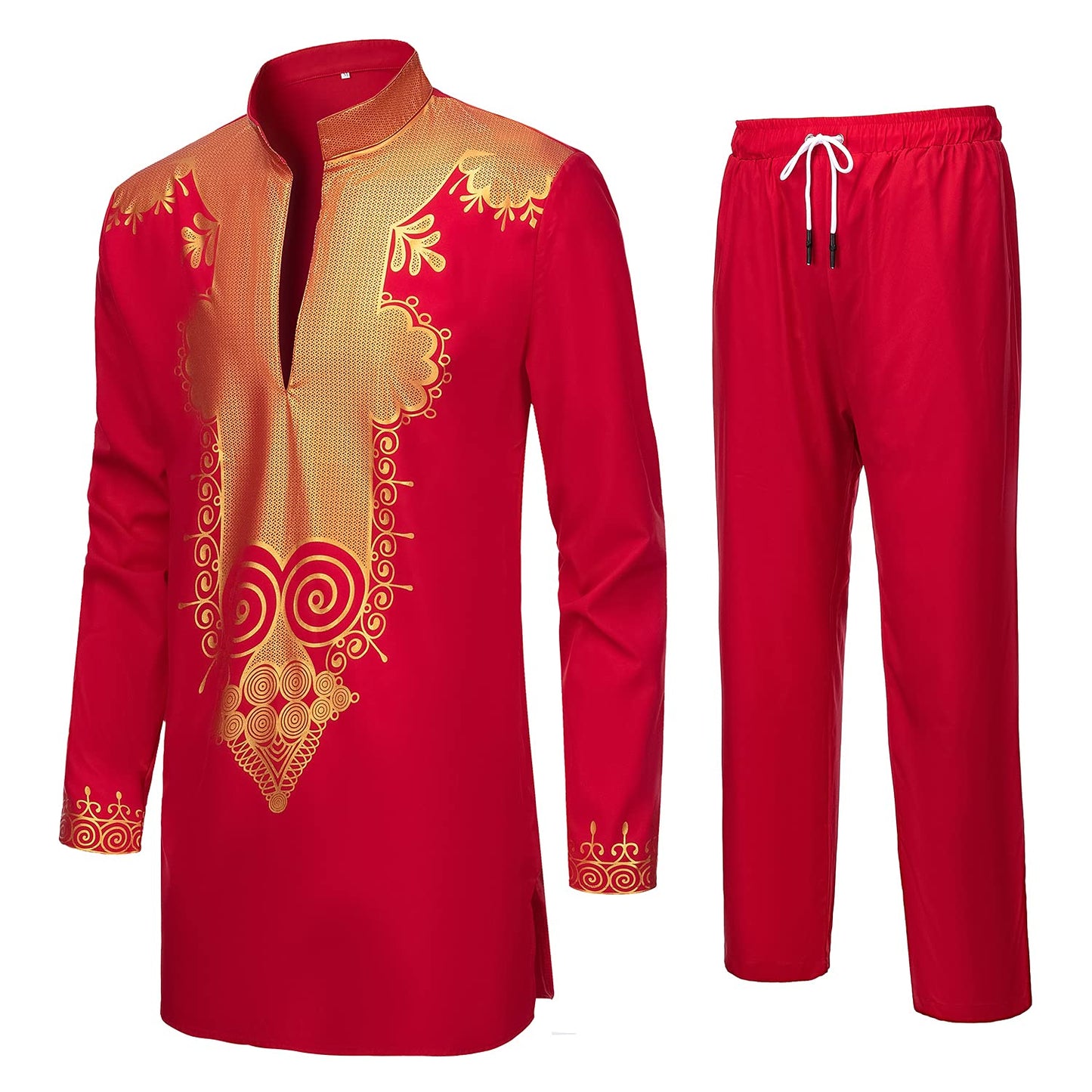 YND Men’s 2 Piece Set African Dashiki Shirt and Pants, Outfit with Gold Print