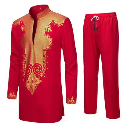 YND Men’s 2 Piece Set African Dashiki Shirt and Pants, Outfit with Gold Print