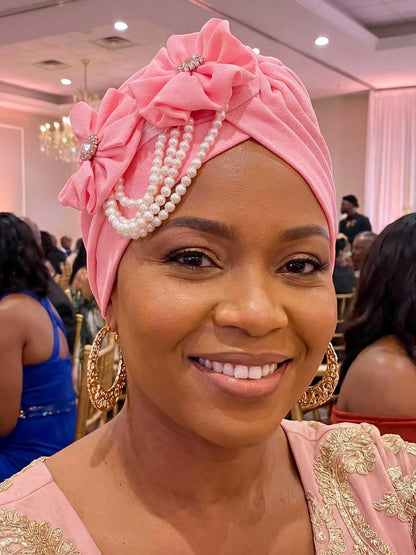 Woeoe Pearl Flower African Hats Pre-Tied Turbans Stretchy Twisted Church Wedding Head Wraps for Women