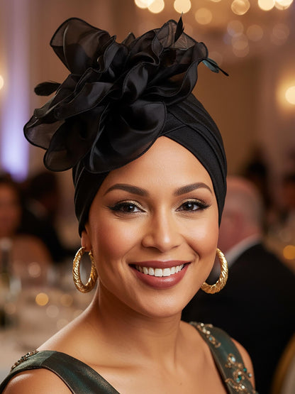 Woeoe Flower Turban Cap 20s Feather Fascinator Headwrap for Women