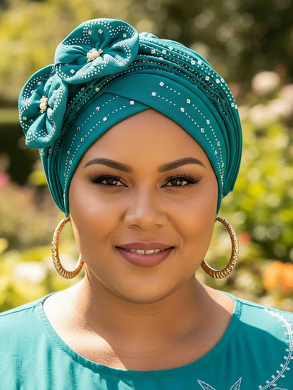 Woeoe Beanie Cap Head Wrap Black Rhinestones Head Scarf Flower Pearls Twisted Head Turban for Women Girls