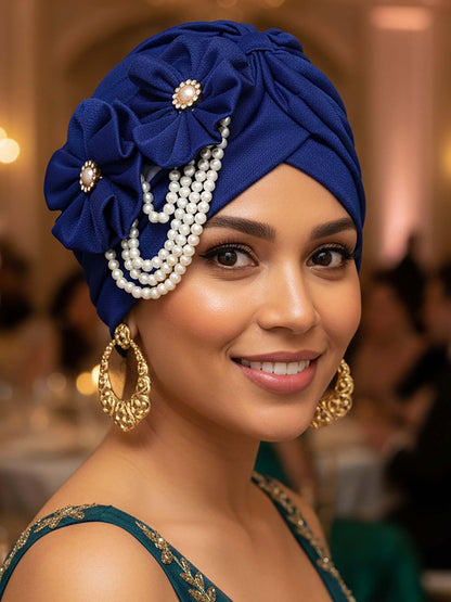 Woeoe Pearl Flower African Hats Pre-Tied Turbans Stretchy Twisted Church Wedding Head Wraps for Women
