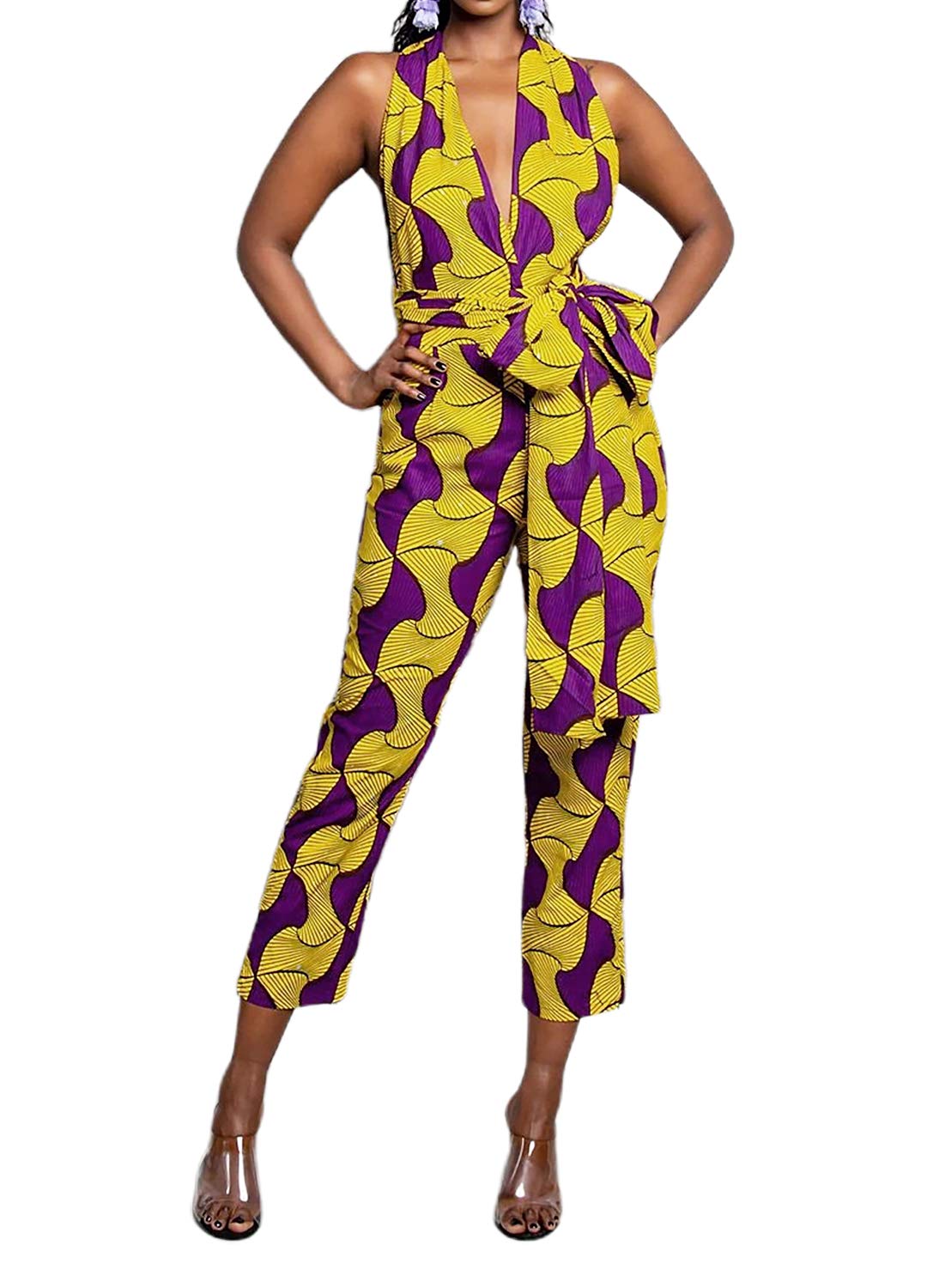 Women's African Jumpsuits Rompers V-Neck Multi-Way Wide Leg Pants