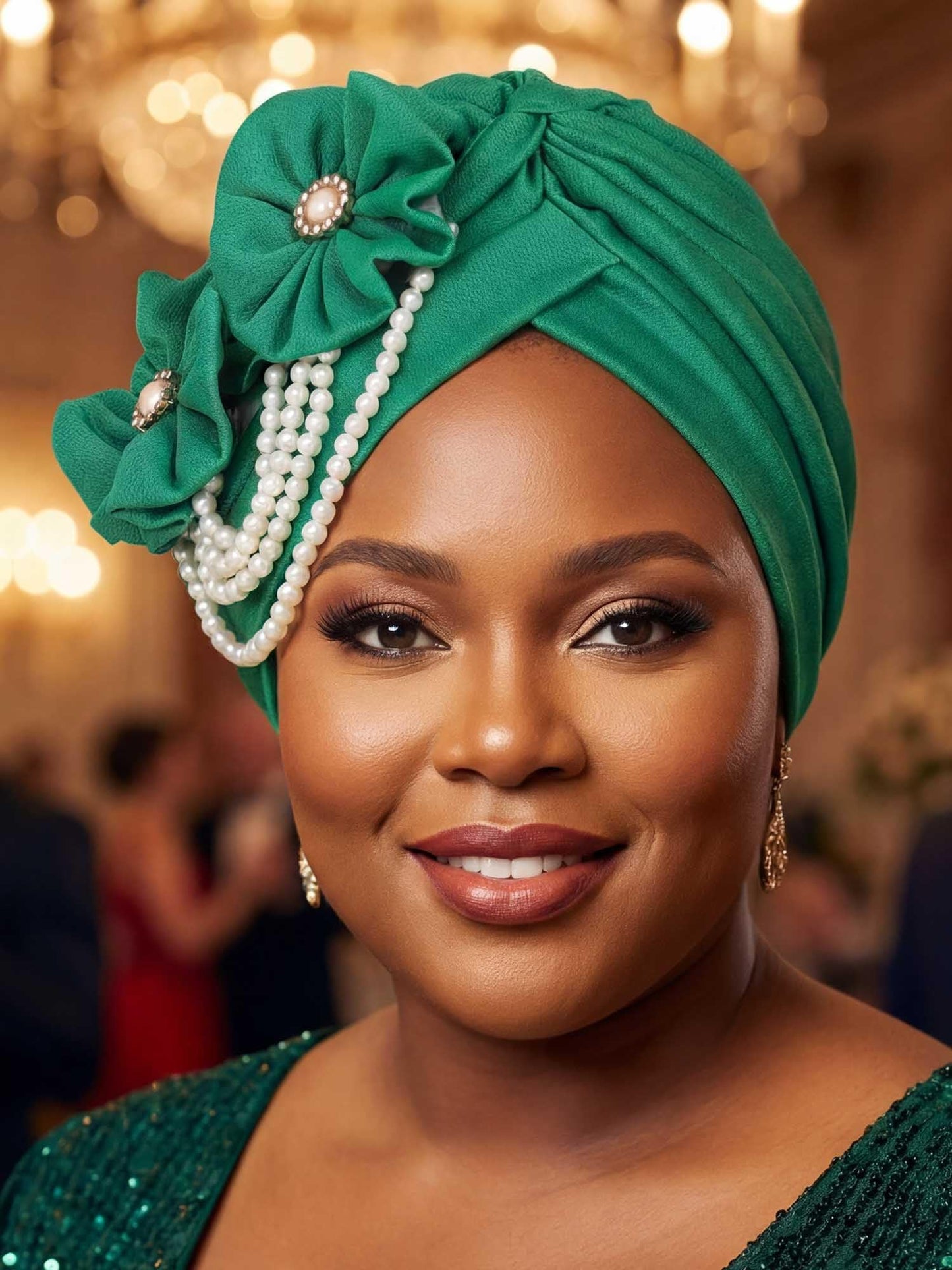 Woeoe Pearl Flower African Hats Pre-Tied Turbans Stretchy Twisted Church Wedding Head Wraps for Women
