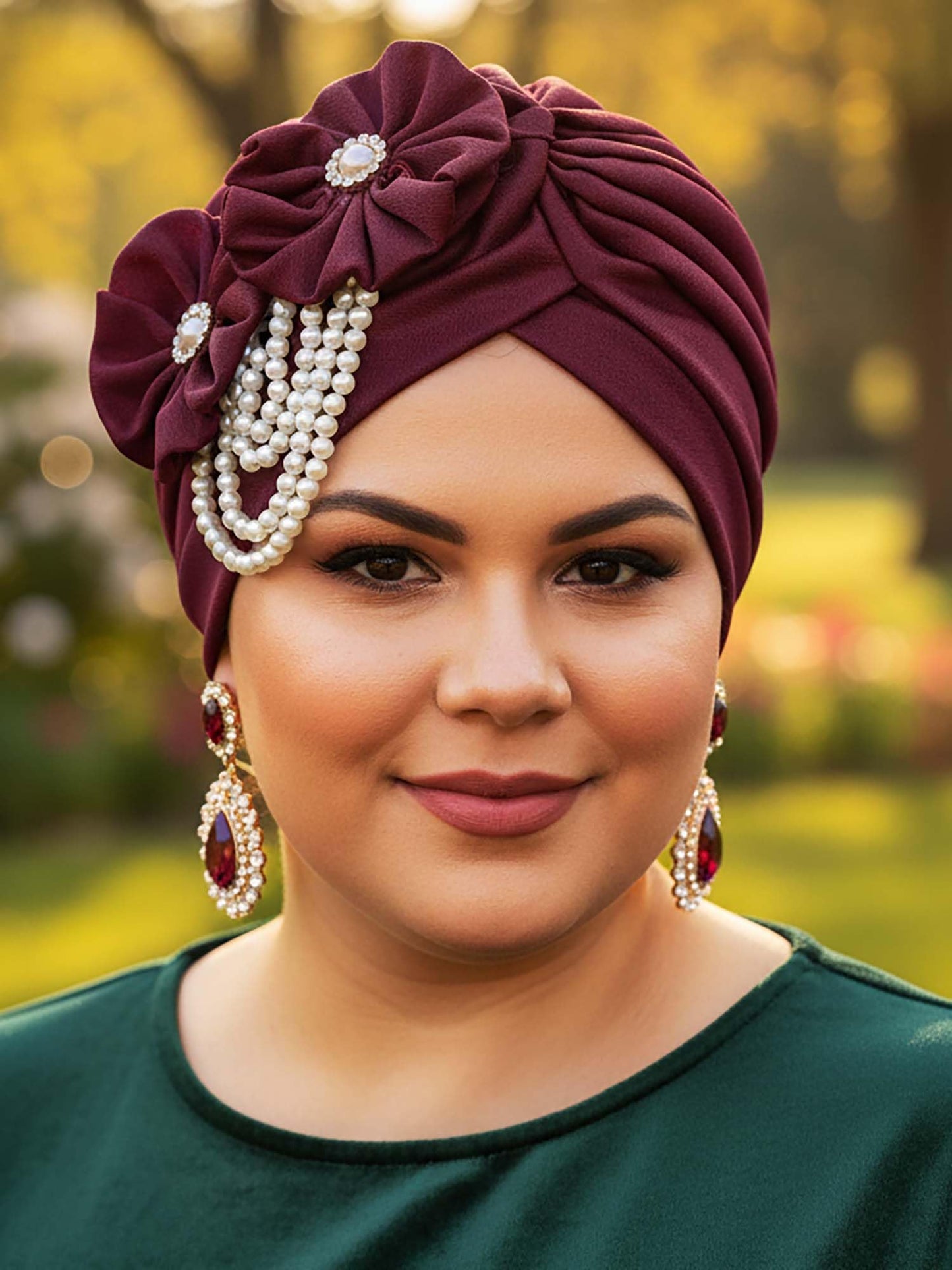 Woeoe Pearl Flower African Hats Pre-Tied Turbans Stretchy Twisted Church Wedding Head Wraps for Women