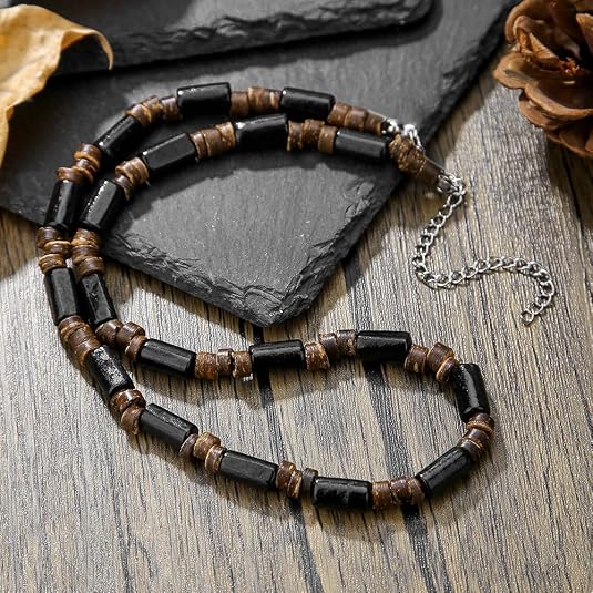 Beaded Necklace for Men,Handmade Men Turquoise Beaded Choker,Natural Wood Bead Necklaces Africa Wooden Chain Statement Unisex Strand Necklaces Hip Hop Beach Jewelry