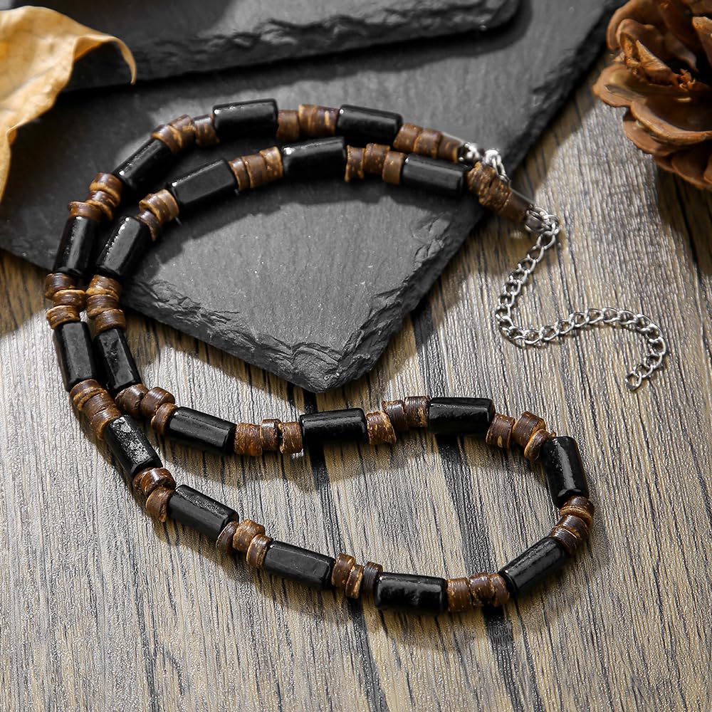 Beaded Necklace for Men,Handmade Men Turquoise Beaded Choker,Natural Wood Bead Necklaces Africa Wooden Chain Statement Unisex Strand Necklaces Hip Hop Beach Jewelry