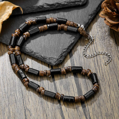 Beaded Necklace for Men,Handmade Men Turquoise Beaded Choker,Natural Wood Bead Necklaces Africa Wooden Chain Statement Unisex Strand Necklaces Hip Hop Beach Jewelry