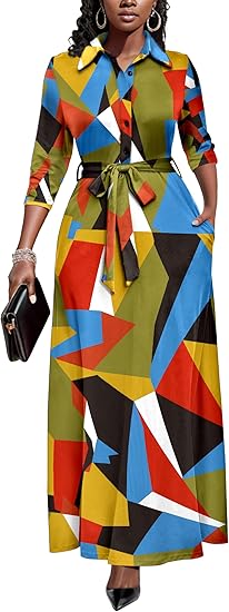 Runwind Women Church Maxi Dresses 3/4 Sleeve Button Down Print Casual Office Dress African