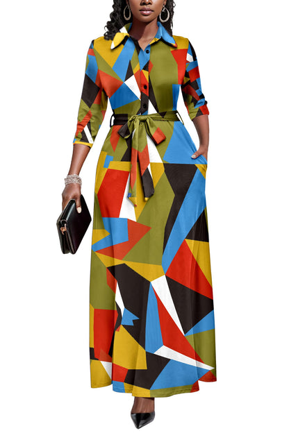 Runwind Women Church Maxi Dresses 3/4 Sleeve Button Down Print Casual Office Dress African