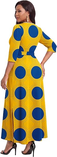 FANDEE African Attire Dresses for Women Elegant Print V Neck 3/4 Sleeve Belted Long Maxi Church Vintage Party Outfits