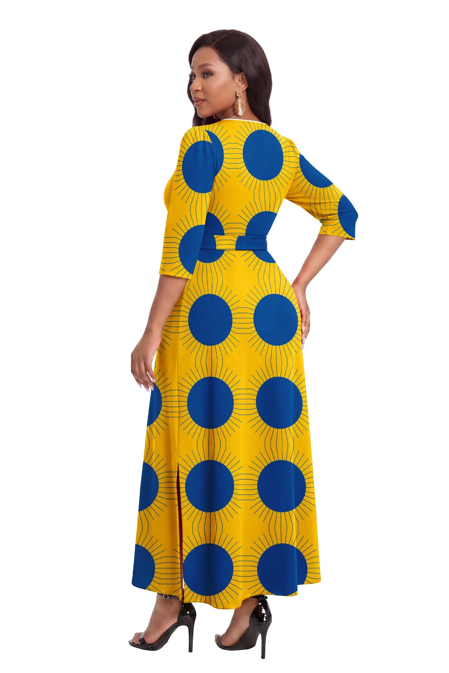 FANDEE African Attire Dresses for Women Elegant Print V Neck 3/4 Sleeve Belted Long Maxi Church Vintage Party Outfits