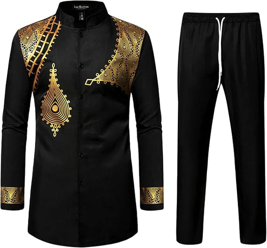 LucMatton Men's 2 Piece Outfits Long Sleeve Button Down African Dashiki Shirts and Pants Set Traditional Ethnic Suits