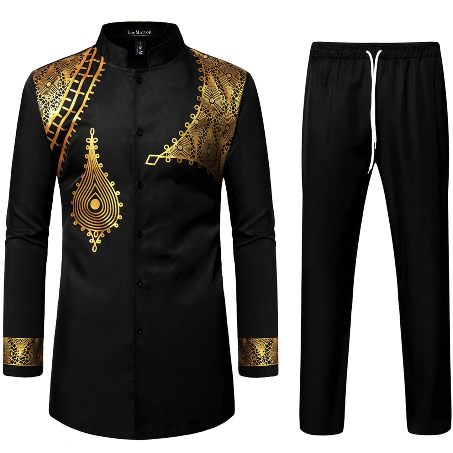 LucMatton Men's 2 Piece Outfits Long Sleeve Button Down African Dashiki Shirts and Pants Set Traditional Ethnic Suits