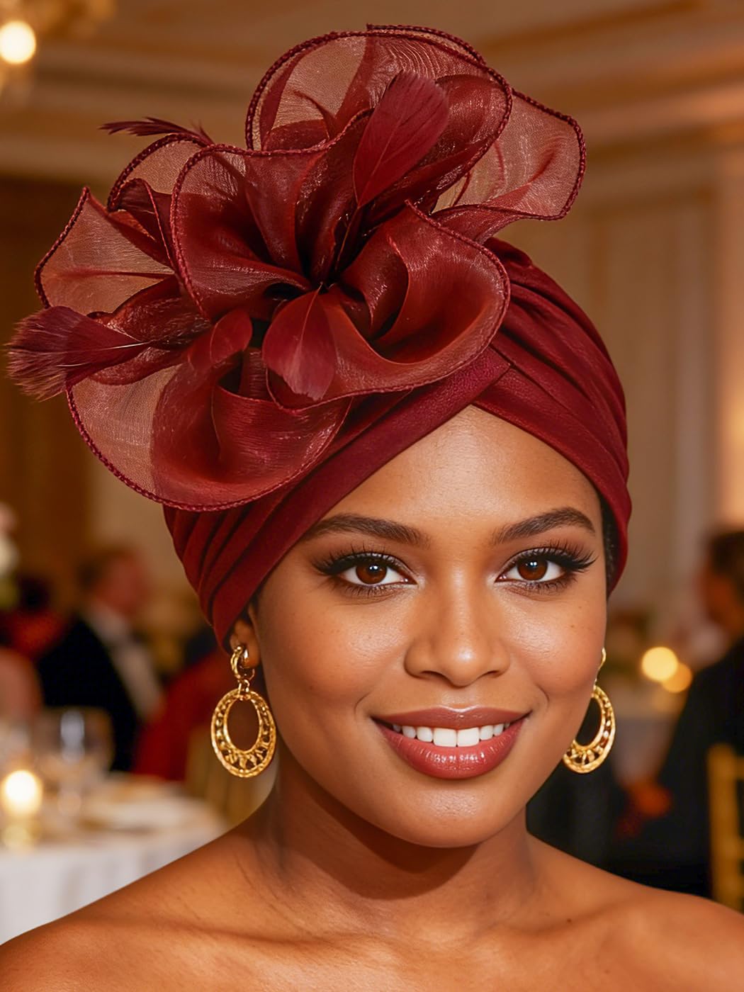Woeoe Flower Turban Cap 20s Feather Fascinator Headwrap for Women