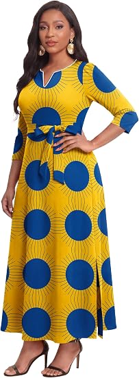 FANDEE African Attire Dresses for Women Elegant Print V Neck 3/4 Sleeve Belted Long Maxi Church Vintage Party Outfits