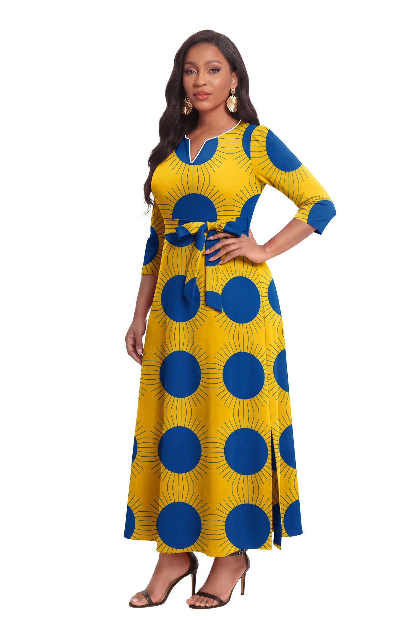 FANDEE African Attire Dresses for Women Elegant Print V Neck 3/4 Sleeve Belted Long Maxi Church Vintage Party Outfits