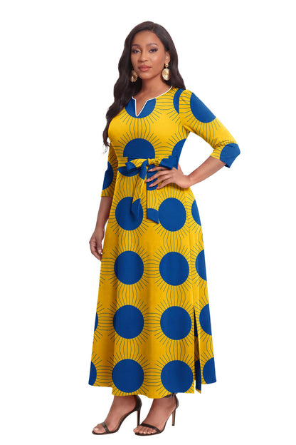 FANDEE African Attire Dresses for Women Elegant Print V Neck 3/4 Sleeve Belted Long Maxi Church Vintage Party Outfits