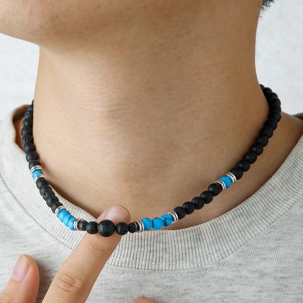 Beaded Necklace for Men,Handmade Men Turquoise Beaded Choker,Natural Wood Bead Necklaces Africa Wooden Chain Statement Unisex Strand Necklaces Hip Hop Beach Jewelry