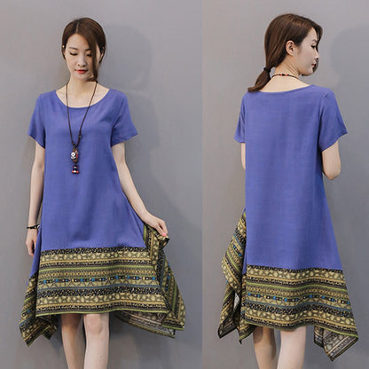 Minibee Women's Ethnic Cotton Linen Short/Long Sleeves Irregular Dress
