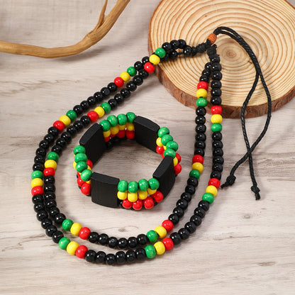 MALOYANVE 6 Pcs Juneteenth African Jewelry Set for Women Jamaican Wood Rasta Beaded Necklace and Bracelet Black History Month Dangle Earrings Jamaican Outfit Rastafari Pride Accessories
