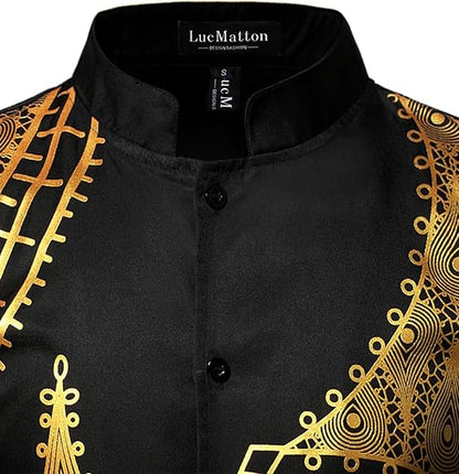 LucMatton Men's 2 Piece Outfits Long Sleeve Button Down African Dashiki Shirts and Pants Set Traditional Ethnic Suits