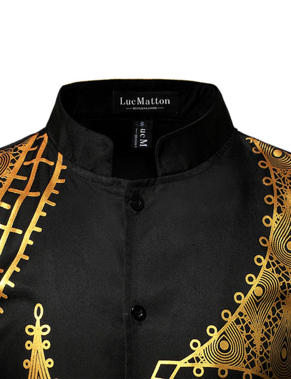 LucMatton Men's 2 Piece Outfits Long Sleeve Button Down African Dashiki Shirts and Pants Set Traditional Ethnic Suits
