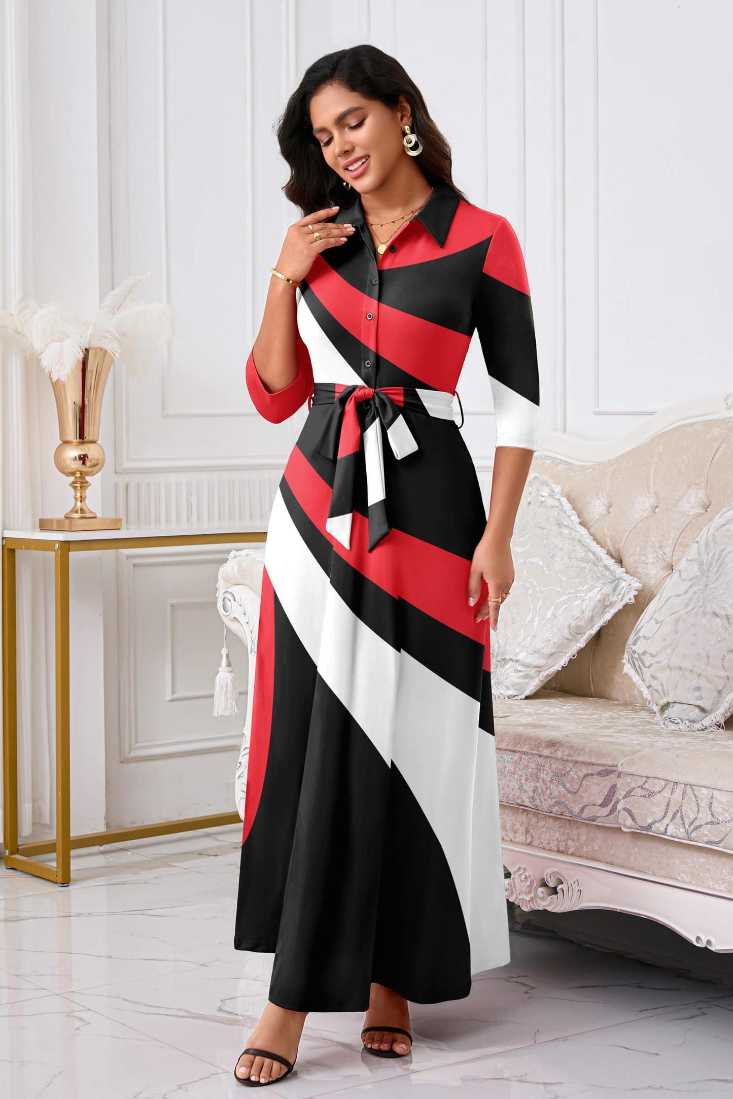 Rumwind Maxi Dresses for Women, 3/4 Sleeve Shirt Collar Casual Afircan Print Church Dress Button Down with Belt and Pockets