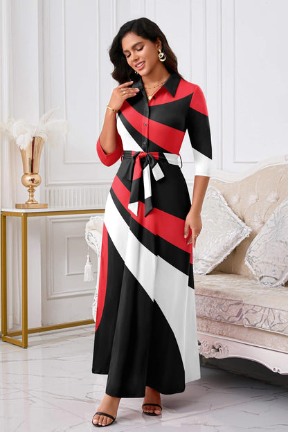 Rumwind Maxi Dresses for Women, 3/4 Sleeve Shirt Collar Casual Afircan Print Church Dress Button Down with Belt and Pockets