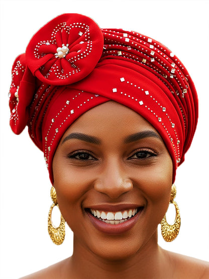 Woeoe Beanie Cap Head Wrap Black Rhinestones Head Scarf Flower Pearls Twisted Head Turban for Women Girls