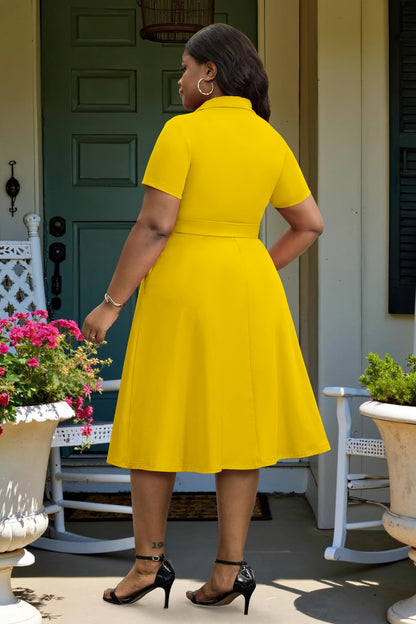 FANDEE Plus Size Dresses, Women Summer Casual V Neck Short Sleeve A-Line Work Cocktail Shirt Midi Dress with Belt and Pockets