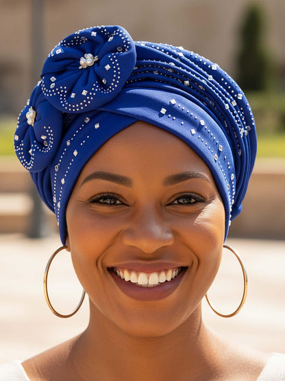 Woeoe Beanie Cap Head Wrap Black Rhinestones Head Scarf Flower Pearls Twisted Head Turban for Women Girls