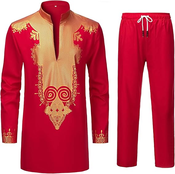 YND Men’s 2 Piece Set African Dashiki Shirt and Pants, Outfit with Gold Print