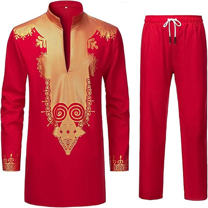 YND Men’s 2 Piece Set African Dashiki Shirt and Pants, Outfit with Gold Print