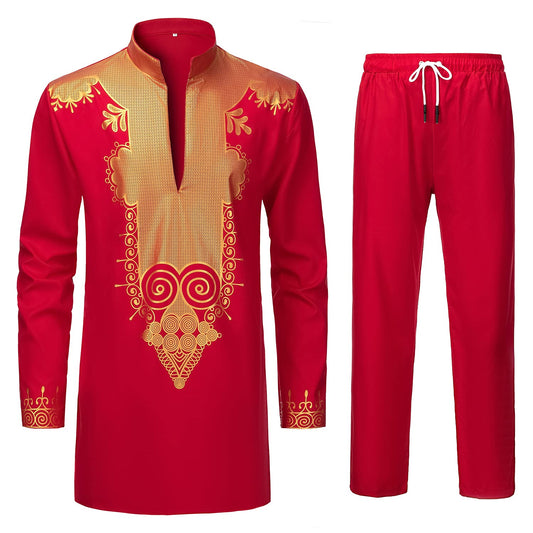 YND Men’s 2 Piece Set African Dashiki Shirt and Pants, Outfit with Gold Print