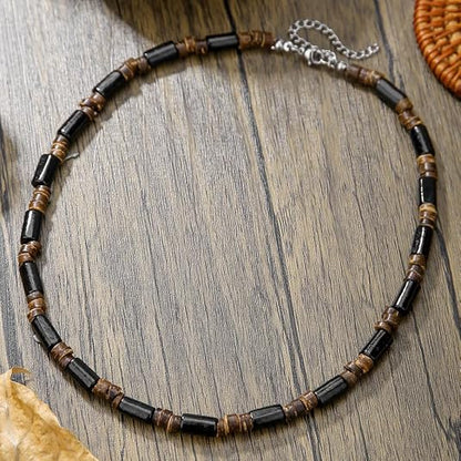 Beaded Necklace for Men,Handmade Men Turquoise Beaded Choker,Natural Wood Bead Necklaces Africa Wooden Chain Statement Unisex Strand Necklaces Hip Hop Beach Jewelry