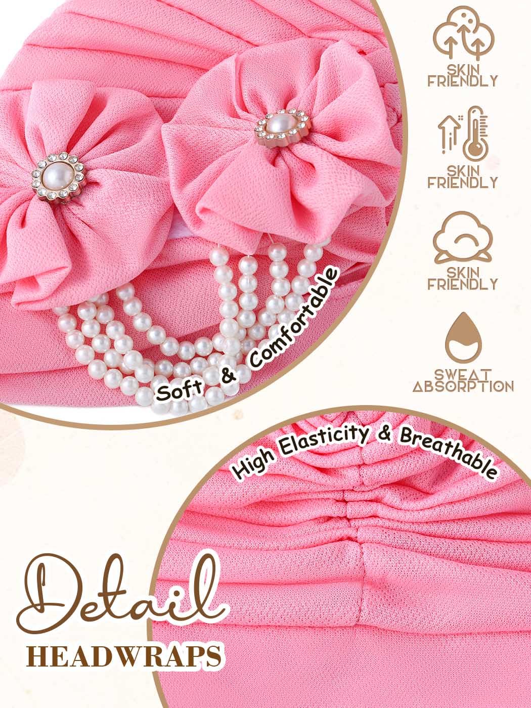 Woeoe Pearl Flower African Hats Pre-Tied Turbans Stretchy Twisted Church Wedding Head Wraps for Women