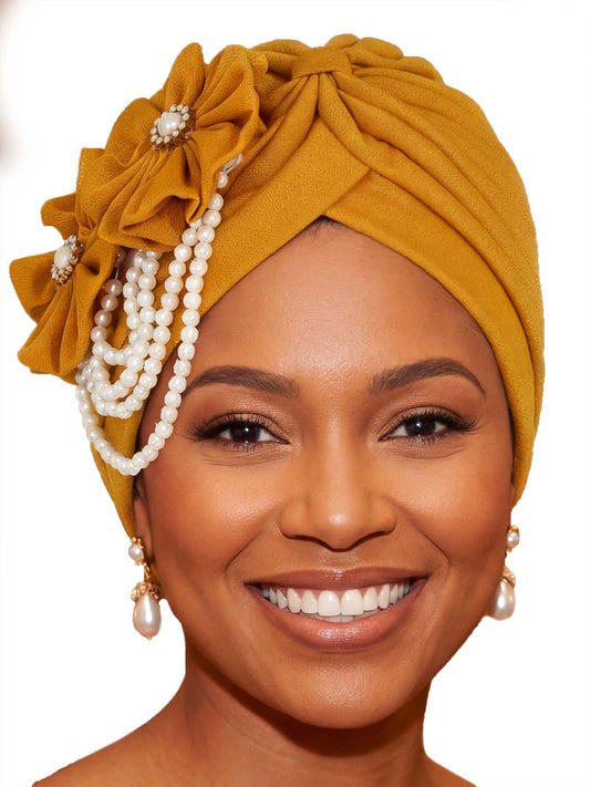 Woeoe Pearl Flower African Hats Pre-Tied Turbans Stretchy Twisted Church Wedding Head Wraps for Women