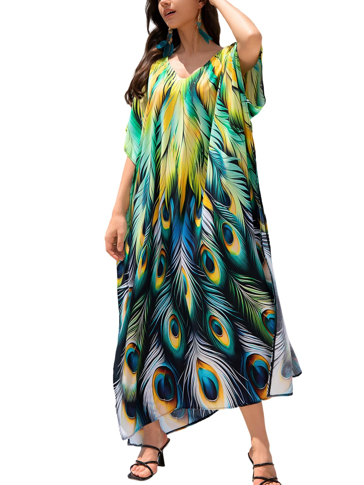 KECVOT Kaftan Dresses for Women V-Neck Print Swimsuit Cover Up Plus Size Beach Caftan Lounge Dress