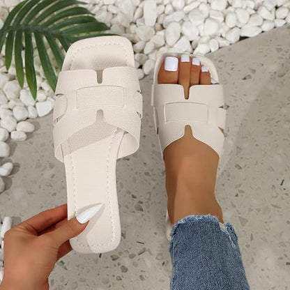 Women's Dressy Casual Flat Sandals, Elegant Comfortable Slip-On Slides with Textured Upper, Versatile Dressy Style for Everyday Wear