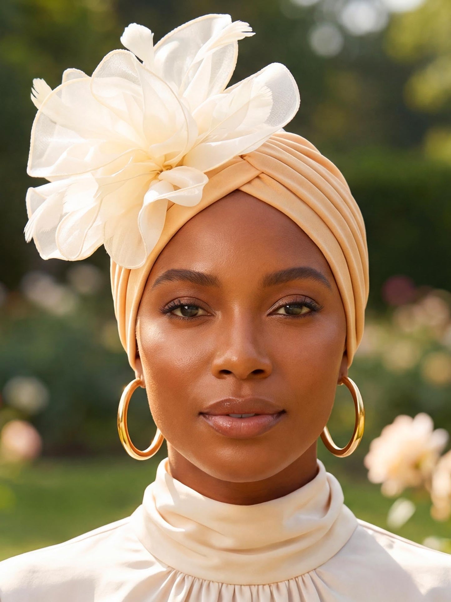 Woeoe Flower Turban Cap 20s Feather Fascinator Headwrap for Women