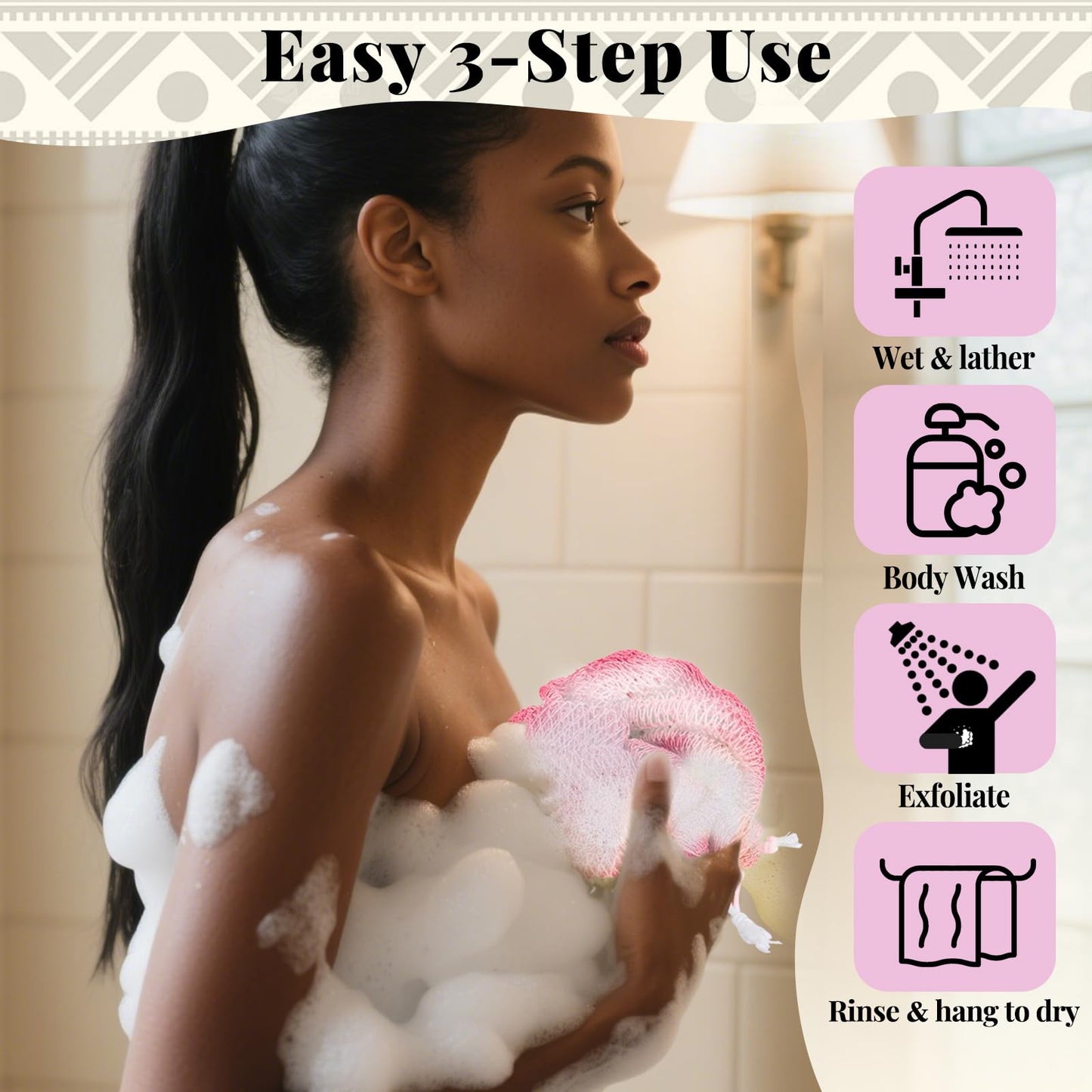 African Net Sponge Authentic-4 Packs African Exfoliating Net Sponge,Bath Sponges for Shower,42 inch Long for Normal to Sensitive Skin, for Daily use, Body Exfoliator Shower (Green,Pink,Blue,Grey)