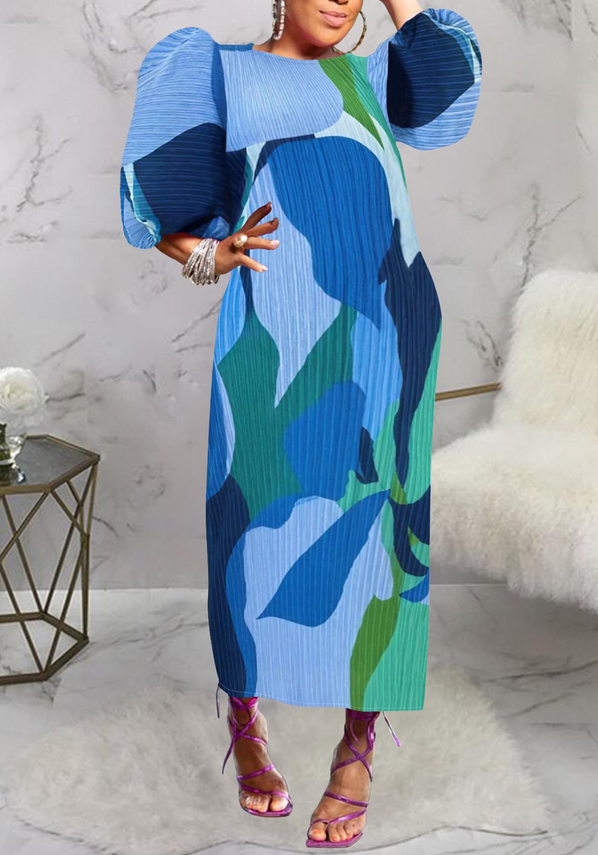 Women Colorful African Dress Floral Party Pleated Maxi Dress