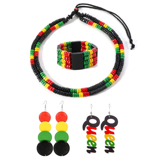 MALOYANVE 6 Pcs Juneteenth African Jewelry Set for Women Jamaican Wood Rasta Beaded Necklace and Bracelet Black History Month Dangle Earrings Jamaican Outfit Rastafari Pride Accessories