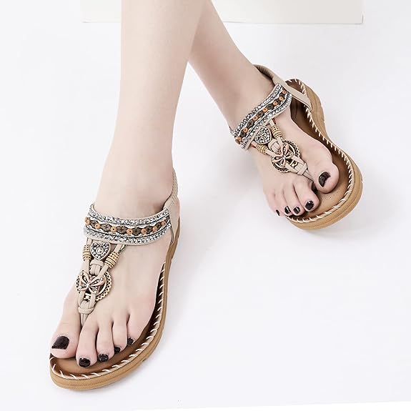 Aomigoct Sandals Women Flat Shoes: Dressy Summer Bohemian Flats Shoes for Women Sandals Comfortable Ankle Strap Outdoor Walking